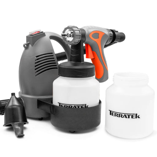 TERRATEK electric paint sprayer kit with a gray and orange spray gun, black and gray motor unit, white paint can, and a separate white container on a white background.