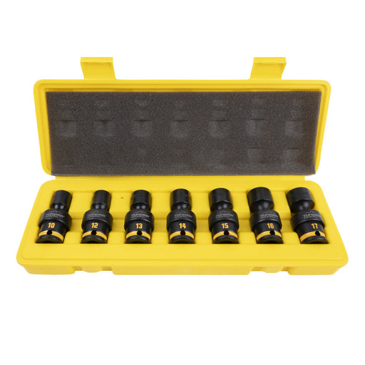 A 6-piece socket set in a bright yellow plastic case with black foam insert, photographed on a solid white background.