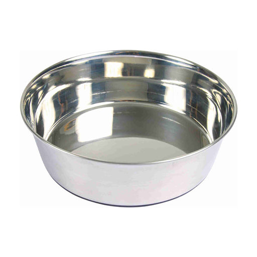 A shiny stainless steel bowl with a reflective metallic finish, photographed on a plain white background.