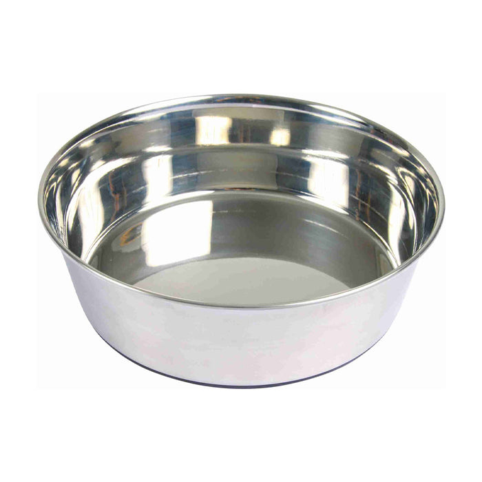 A shiny stainless steel bowl with a reflective metallic finish, photographed on a plain white background.