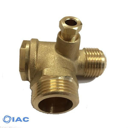 A brass T-fitting with three threaded male connections, shown on a white background with an IAC logo in the bottom-left corner.