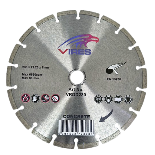A Vires brand diamond concrete saw blade with a metallic silver finish, featuring segmented outer edges, a central hole, and printed specifications, safety icons, and a barcode on a plain white background.