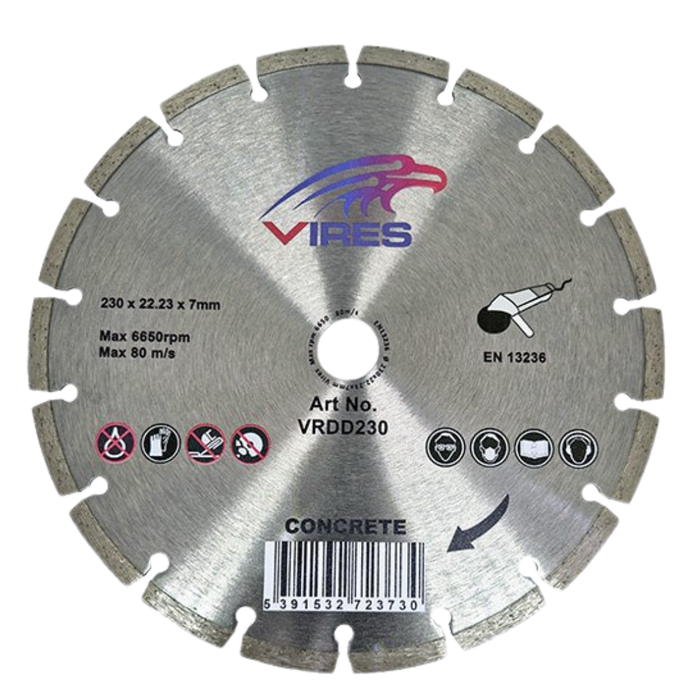 A Vires brand diamond concrete saw blade with a metallic silver finish, featuring segmented outer edges, a central hole, and printed specifications, safety icons, and a barcode on a plain white background.