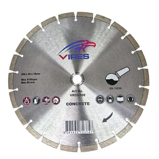 A VIRES brand diamond concrete saw blade, shown flat against a white background. The circular blade features a brushed silver metallic face with a segmented cutting edge, printed specifications, safety icons, and the VIRES logo.