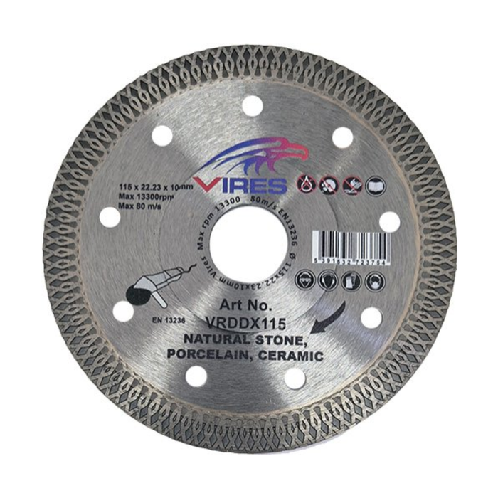 A circular diamond wet cutting disc with a textured gray metallic rim and a central hole, featuring the VIRES brand logo and product specifications printed on it, set against a plain white background.