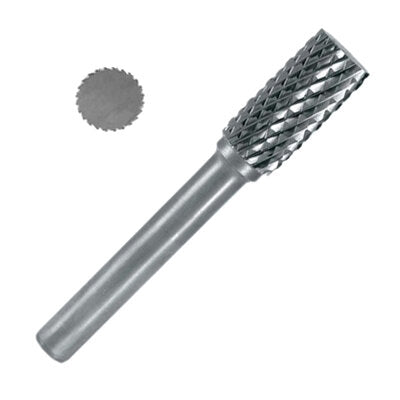A metal rotary burr tool bit with a fluted cutting head and straight shank, shown on a plain white background with a small circular inset of the cutting edge.