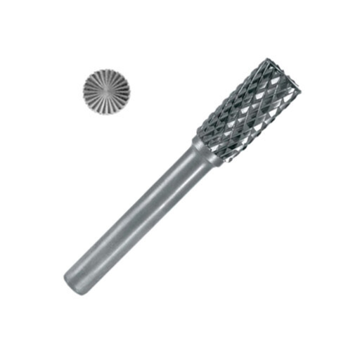 A silver metal rotary burr with a fluted cutting head, shown alongside a separate circular burr bit on a plain white background.