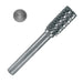 A metal rotary burr bit with a fluted cutting head and straight shank, shown on a plain white background with a small inset view of the circular head.