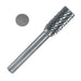 A metal rotary burr tool bit with a fluted cutting head and straight shank, shown on a plain white background with a small circular inset of the cutting edge.