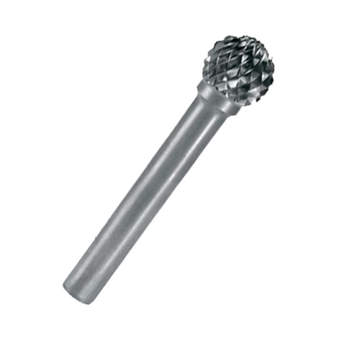 A silver metal rotary burr bit with a textured, diamond-patterned cutting head and a smooth cylindrical shank, shown on a plain white background.