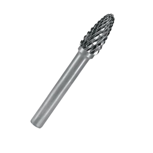 A metallic rotary burr bit with a fluted cutting head and a straight shank, shown on a plain white background.