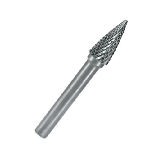 A metallic rotary burr bit with a fluted cutting head and a straight shank, shown on a plain white background.