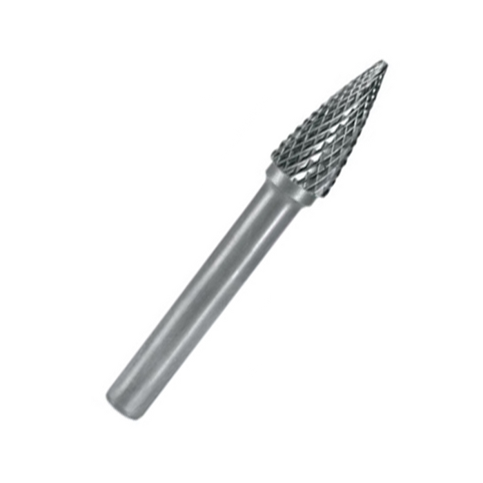 A metallic rotary burr bit with a fluted cutting head and a straight shank, shown on a plain white background.