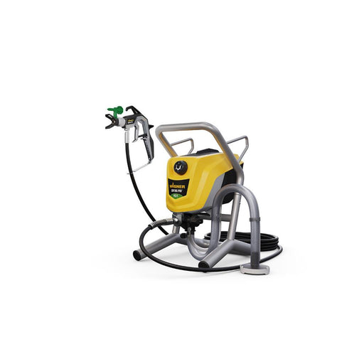 A yellow and gray wagner 4000 portable pressure sprayer with a black hose, metal carrying handle, and spray gun attachment, shown on a plain white background.
