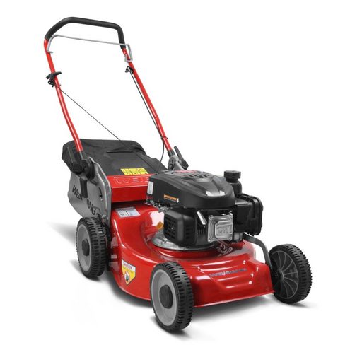 Red lawn mower on a white background