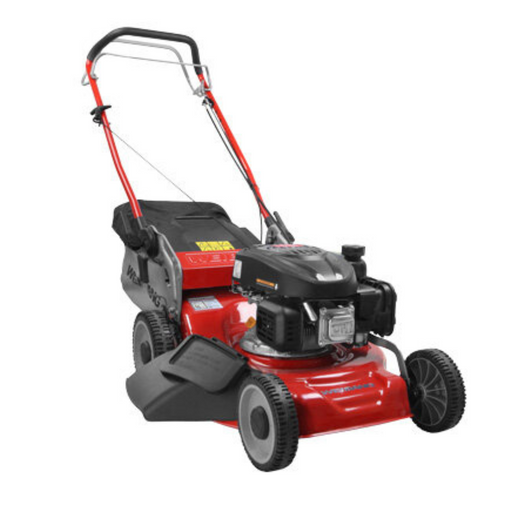 Red and black lawn mower on a white background