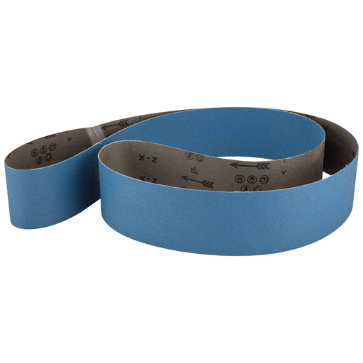 Blue sanding belt with black abrasive surface on a white background