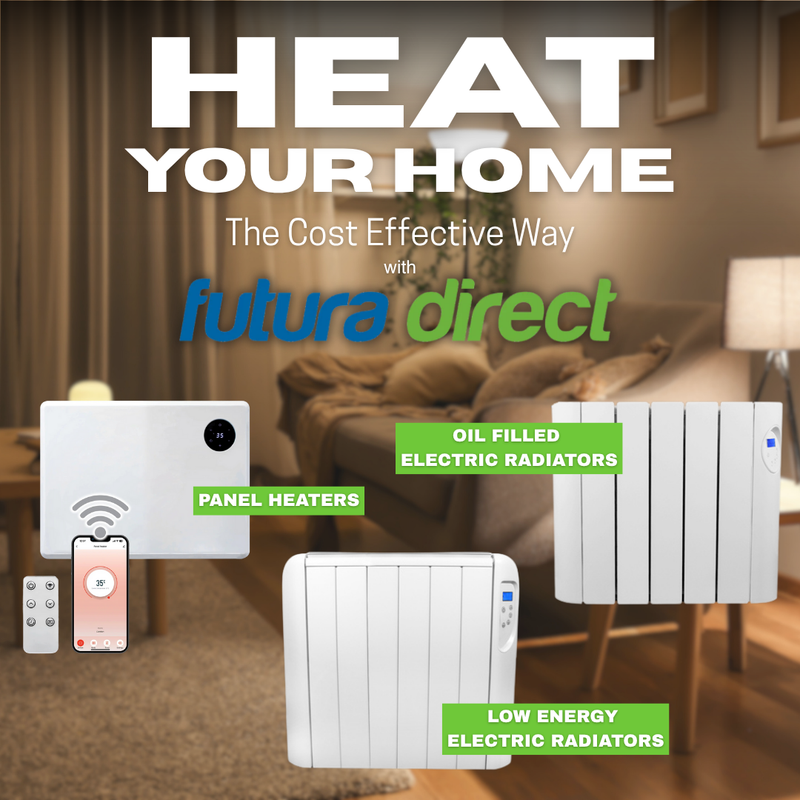 Advertisement for futura direct electric heating solutions with text 'Heat Your Home' and images of panel heaters and oil-filled radiators.