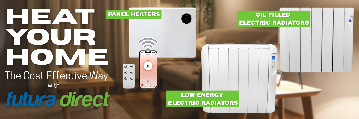 Advertisement for futura direct electric raditors , panel and oil filled heaters with text and product images.