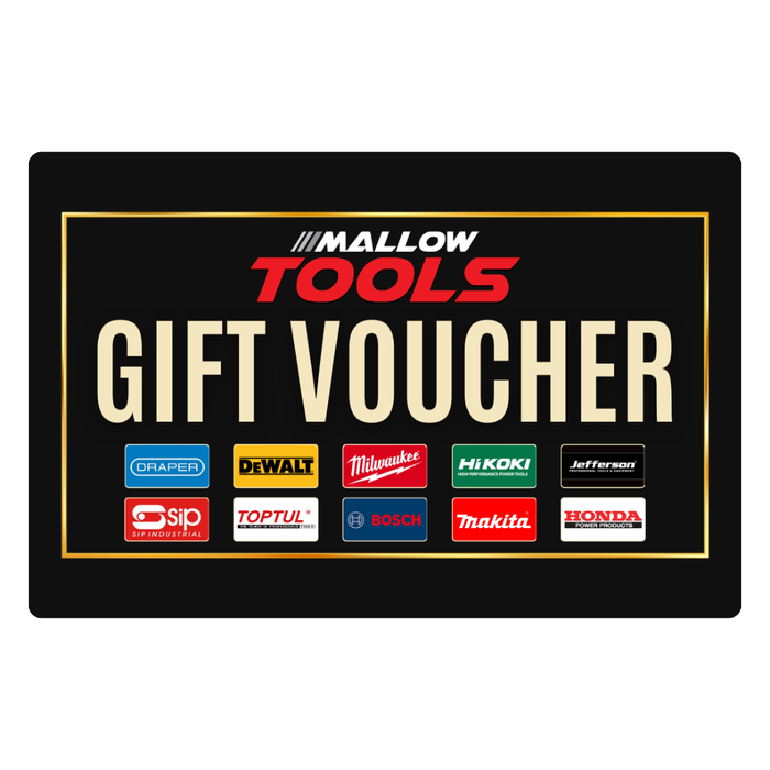 Mallow Tools gift voucher with brand logos on a black background