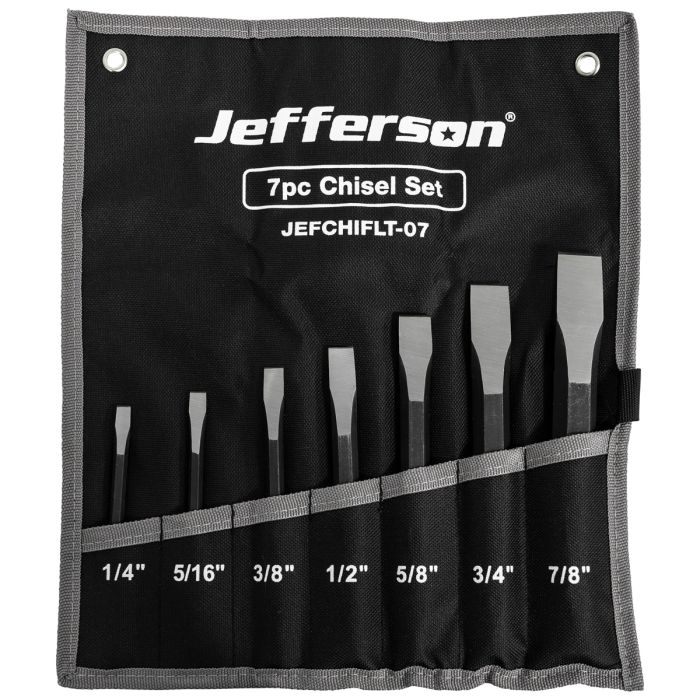 7-piece chisel set in a black carrying case with Jefferson branding.