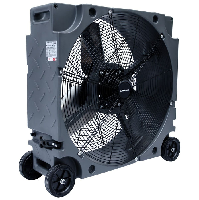 A large industrial cooling fan with a dark gray metal housing, black protective grille, and three caster wheels, shown on a plain white background.