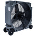 A large industrial cooling fan with a dark gray metal housing, black protective grille, and three caster wheels, shown on a plain white background.
