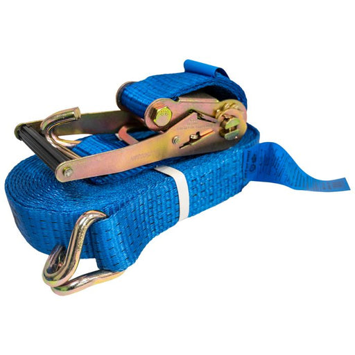 A blue webbed ratchet strap with a metal quick-release buckle, shown on a plain white background.