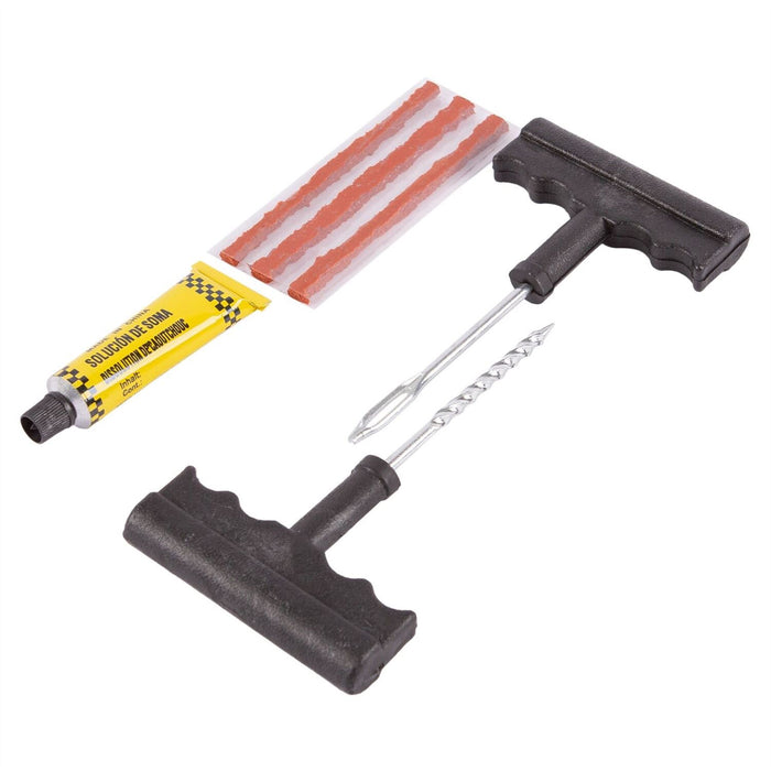 A tire repair kit on a white background, including a black tire iron, a metal spiral drill bit, a yellow tube of tire sealant, and three orange-and-white rubber repair strips.