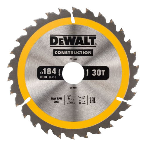DeWalt 184mm x 30 x 30T Construction Circular Saw Blade